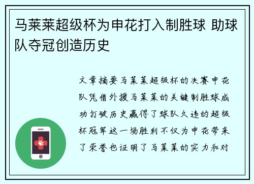 马莱莱超级杯为申花打入制胜球 助球队夺冠创造历史
